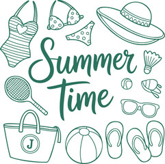 Obraz premium Green outline illustrations show various summer vacation essentials and Summer Time lettering