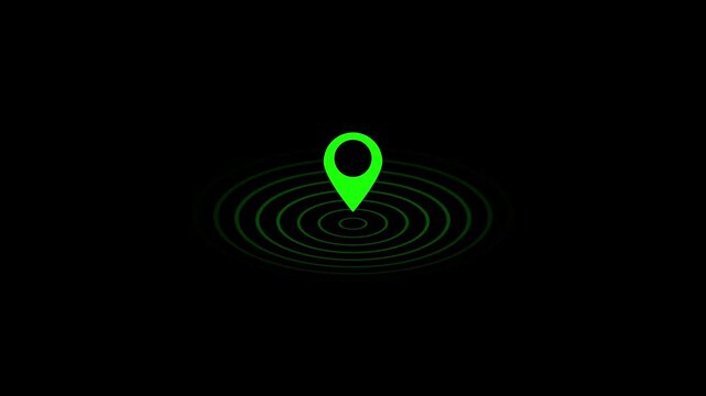 Location icon animation, GPS icon and radio wave on with dark background.Location symbol, black pin point icon, Location pin, road location.