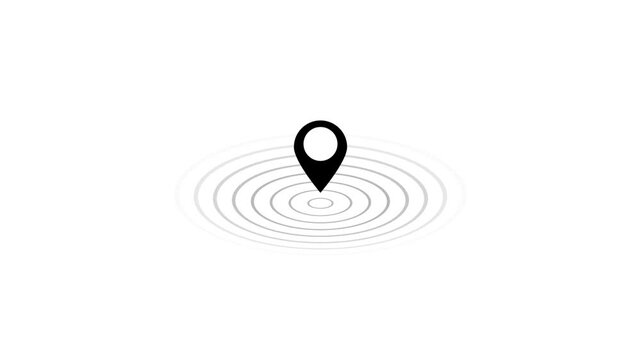 Location icon animation, GPS icon and radio wave on with dark background.Location symbol, black pin point icon, Location pin, road location.