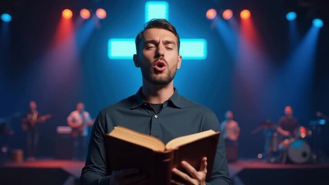 A young Caucasian man with short dark hair holds a Bible while speaking on stage. A band plays in the background under colorful lights, creating a religious atmosphere.