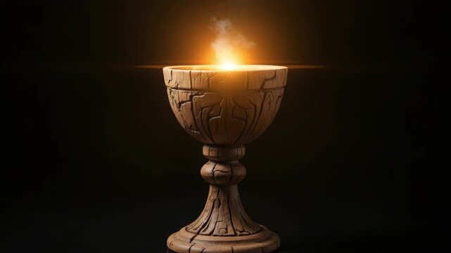 A wooden chalice with a glowing light inside, symbolizing biblical times and stories. The chalice features intricate carvings and stands on a sturdy base.