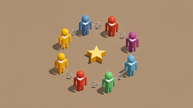 Animated colorful 3D graphic of diverse human icon figures expanding into a circle around a central golden star, connected by chains on a studio