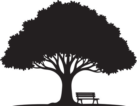 Minimalist black silhouette of tree with bench