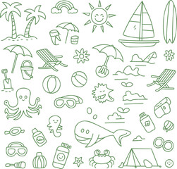 Whimsical collection of green outline illustrations depicting a wide array of summer beach and ocean activities