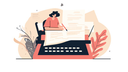 Creative writer working on large typewriter with oversized paper sheets surrounded by decorative plants in minimalist flat vector style