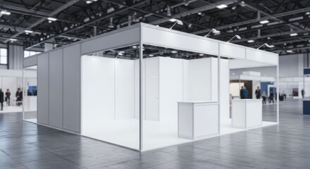 Empty white modular exhibition booth in a large, modern trade show hall with concrete floor and high ceiling, ready for an event.