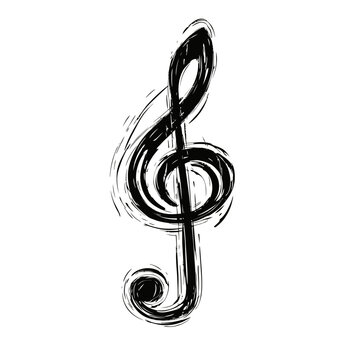 Hand drawn black treble clef music note sketch isolated on white background with rough doodle style and artistic brushstroke effect vector illustration