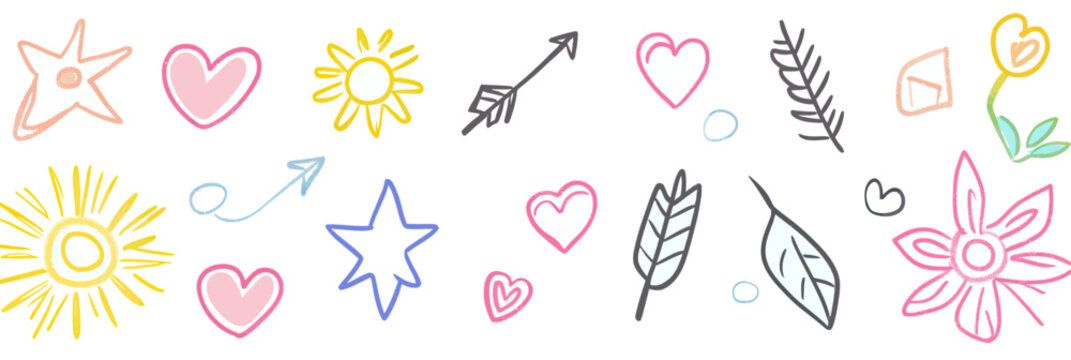 Hand drawn doodle set of colorful cute simple line icons including hearts stars flowers sun arrows and leaves sketch style vector illustration