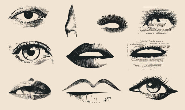 Vintage halftone eyes lips noses collage set with newspaper textures abstract facial features cutout vector illustration design elements for creative projects