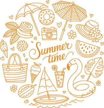 A circular collection of orange outline doodle icons depicting various fun summer time activities and objects