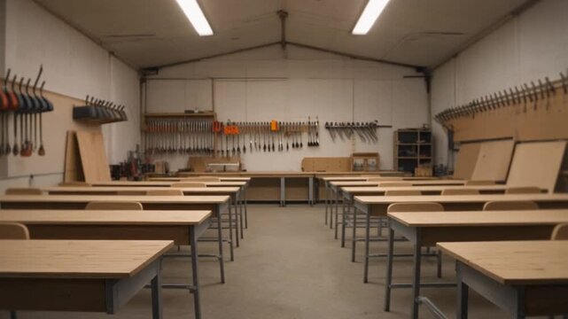Clean woodworking workshop interior with rows of empty wooden workbenches and various tools neatly hung on walls, creating an organized and