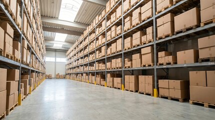 Tall metal shelving units filled with stacked cardboard boxes on wooden pallets inside a large warehouse