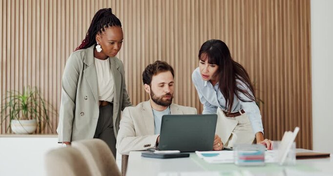 Laptop, talking or business people with meeting in boardroom, budget discussion or department limit review. Speaking, teamwork or group with tech for planning, wealth management or money distribution
