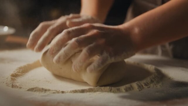 Close-up cinematic shot of skilled hands kneading robust dough covered in white flour on a wooden surface, showcasing the primal art of baking