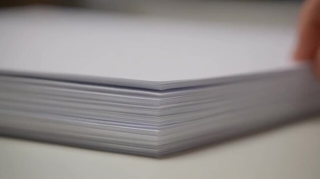 Close-up slow-motion shot of a human hand flipping through a thick stack of pristine white blank paper sheets on a desk, symbolizing abundant