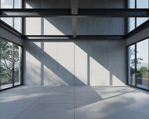 Obraz premium Sunlit Industrial Gallery Space with Polished Concrete, Steel Support Beams, and Large Windows providing Natural Daylight