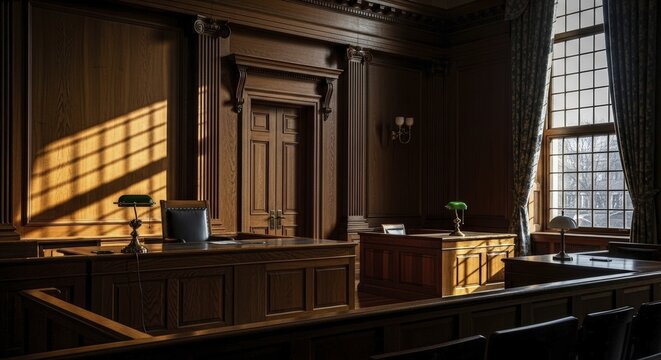 Classic empty courtroom interior featuring ornate dark wood paneling and large traditional desks bathed in warm sunlight from a grid window casting dramatic patterns