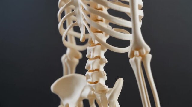 Detailed close-up panning shot of an accurate anatomical human skeleton model from right to left with soft lighting against a dark background