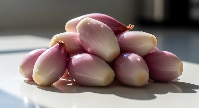 Freshly harvested cluster of pinkish-purple onions laid on a reflective surface. echalotte