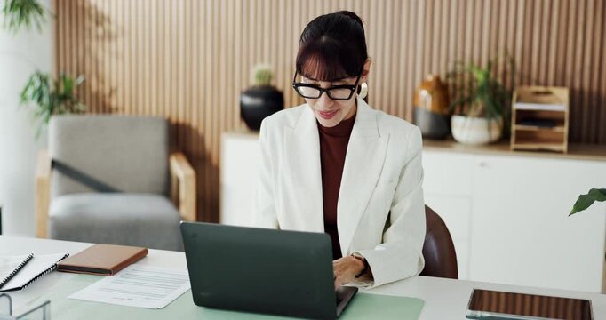 Woman, laptop and thinking at office with review for project, policy or proposal at insurance company. Person, broker and computer with glasses, decision and problem solving at risk management agency