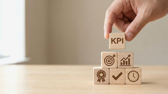 Hand placing kpi block on business strategy cubes with icons for goals metrics and performance on a wooden desk in a modern office
