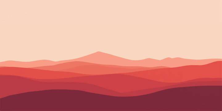 A serene mountain landscape at sunset features mist and fog rolling over distant hills and peaks under an orange sky with soft clouds and forest silhouettes along the horizon at dawn
