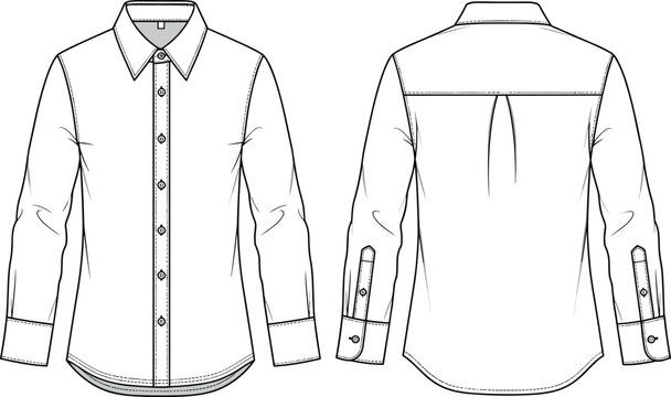 Men classic long sleeve button down shirt technical fashion flat sketch vector illustration front and back view apparel design template