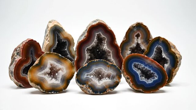 Beautiful collection of polished agate geode rock crystal formations with natural mineral deposits on white background