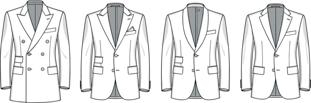 Set of men's blazer technical fashion flat sketches showing double breasted, notch, peak, and shawl lapel styles for apparel design templates.