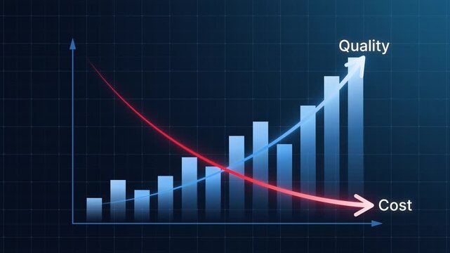 Rising quality bar chart and declining cost curve showing quality control and cost reduction. Concept of successful business strategy, management, efficiency and product optimization