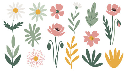 Fototapeta premium A vibrant collection of hand-drawn floral elements, including daisies, poppies, and various leaves, perfect for spring and summer designs.