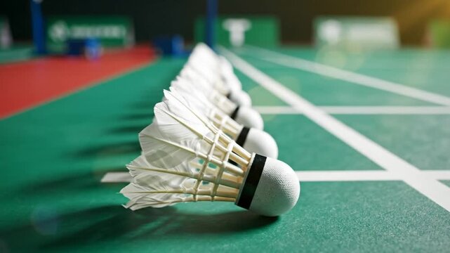 Low angle view of several badminton shuttlecocks in a row on a green court for competitive game play