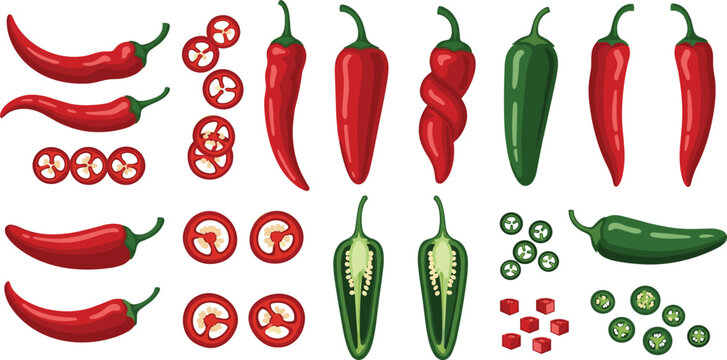 Red and green chili pepper whole sliced and cut pieces vector set with spicy hot vegetable ingredients for cooking design.