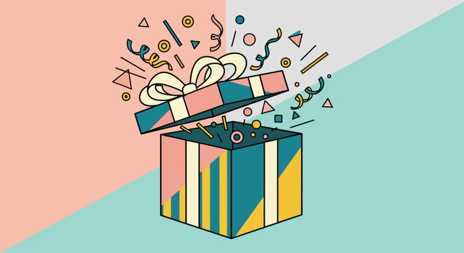 A colorful gift box opens with confetti exploding outside in air