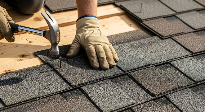 A worker aligning asphalt roof shingles and securing them with roofing nails closeup shot