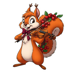 Cute Cartoon Squirrel Playing Violin with Berries, Isolated Subject
