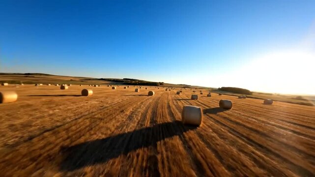 Drone footage skimming over a golden wheat field with round hay bales under a clear blue sky during sunset