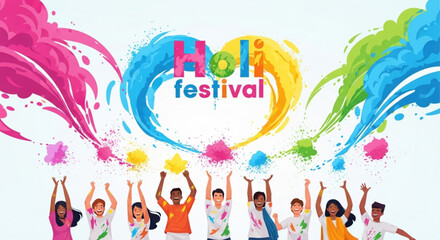 Obraz premium Vibrant celebration of Holi festival with people rejoicing and throwing colorful powders in the air