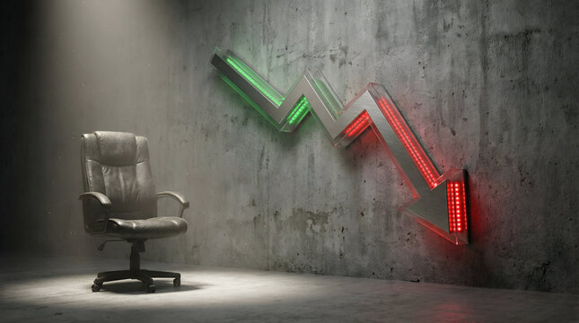 Financial crisis concept with falling arrow graph and empty office chair