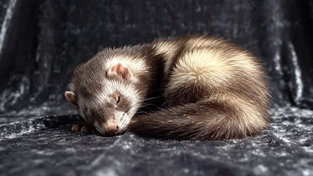 Cute ferret curled up and sleeping peacefully on a dark velvet surface with relaxing, ambient sound.