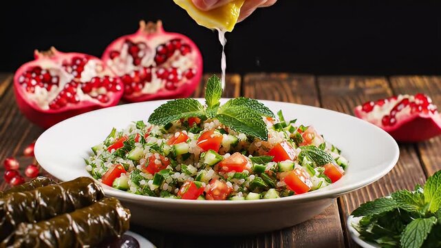 Fresh Tabouleh Salad with Lemon Juice and Ingredients on a Wooden Table
