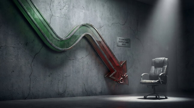 Financial crisis concept with falling arrow graph and empty office chair