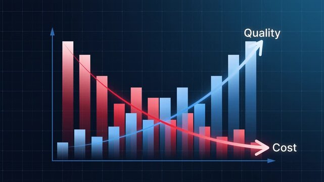 Cost reduction and quality improvement concept. Bar chart and line arrows illustrating increasing product quality and decreasing cost. Successful business strategy, efficiency and management