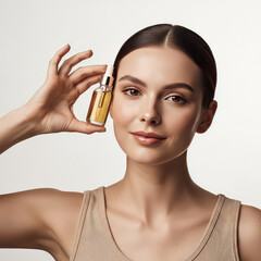 Beautiful Woman Holding Cosmetic Serum Bottle, Transparency Cut-out