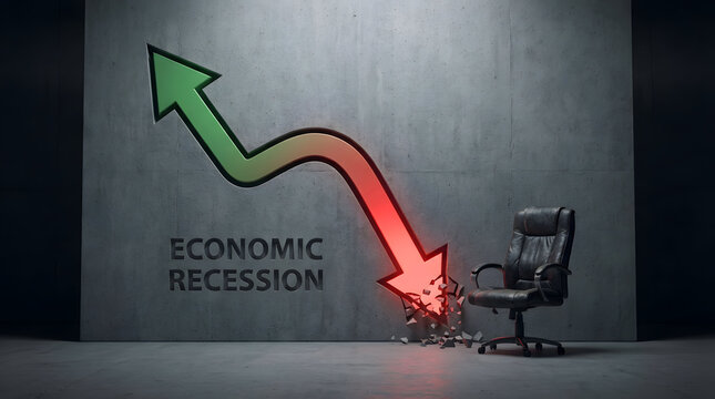 Financial crisis concept with falling arrow graph and empty office chair