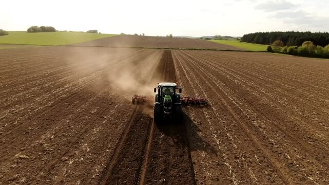 Aerial view of a green tractor plowing a field creating rows of dark soil on a sunny day