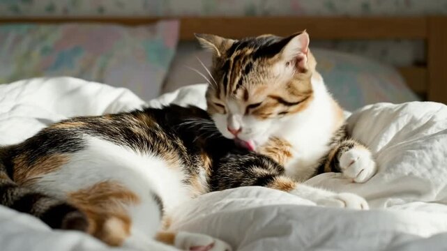 Calico cat lounging on a bed and grooming itself with its tongue in bright sunlight