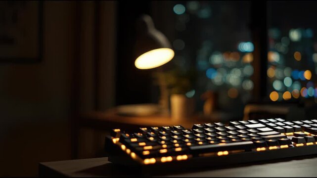 Mechanical Backlit Keyboard on Office Desk with Night City View