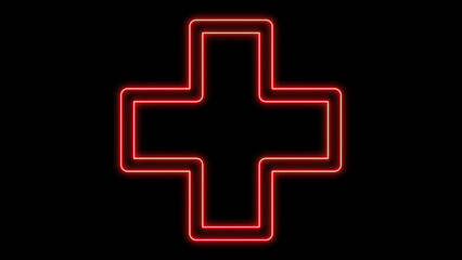 Obraz premium A vibrant red neon cross plus sign icon, glowing with a futuristic and modern aesthetic, symbolizing medical care, first aid, and emergency services, isolated on black background.