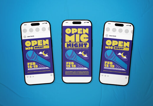 Blue & Yellow Bold Retro Open Mic Night Event Social Media